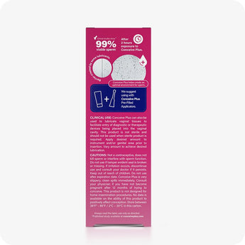 Conceive Plus Fertility Lubricant (1fl.oz/30ml Tube) back-of-box view featuring sperm viability graphic, clinical use directions, product precautions, and pairing suggestion with pre-filled applicators.