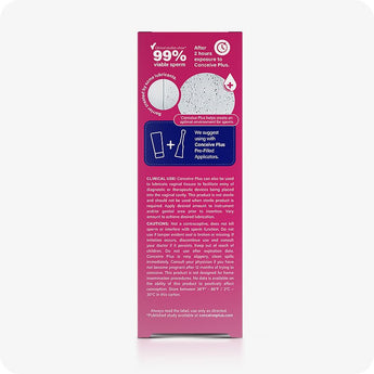 For Conceive Plus Fertility Lubricant Duo Bundle (75ml and 8 Applicators), side view of 75ml fertility lubricant box displaying clinical study visuals, usage suggestions, safety precautions, and sperm viability claims, emphasizing fertility-safe application and compatibility with pre-filled applicators.