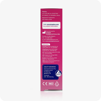 For Conceive Plus Fertility Lubricant Duo Bundle (75ml and 8 Applicators), back view of 75ml fertility lubricant displaying manufacturer details, distributor contacts across global regions, product website, and quality assurance badge verifying pH and osmolarity levels for fertility-safe use.