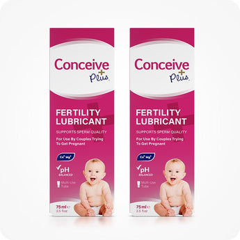 For Conceive Plus Fertility Lubricant Duo Bundle (75ml and 8 Applicators), twin‑pack photo featuring two 75 ml fertility lubricant boxes standing side by side, each with baby image and pH‑balanced Ca⁺/Mg⁺ claims.