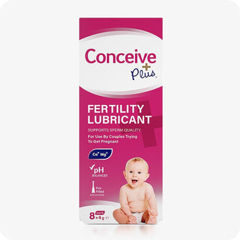 For Conceive Plus Fertility Lubricant Duo Bundle (75ml and 8 Applicators), showing front-facing retail box of 8x4g pre-filled fertility lubricant applicator pack, with a baby image and key fertility support claims like pH balanced and Ca⁺/Mg⁺ ions for sperm quality enhancement.