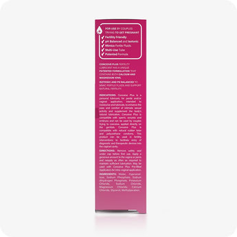 For Conceive Plus Fertility Lubricant Duo Bundle (75ml and 8 Applicators), side panel of 75ml fertility lubricant product packaging displaying detailed usage directions, patented formula benefits, fertility claims, and full ingredient list including calcium and magnesium ions.