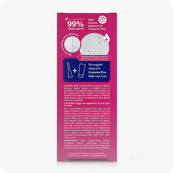 For Conceive Plus Fertility Lubricant Duo Bundle (75ml and 8 Applicators), back of 8x4g pre-filled fertility lubricant applicators pack displaying clinical research claims of 99% sperm viability, usage pairing with multi-use tube, and full cautionary and ingredient information designed for safe conception support.
