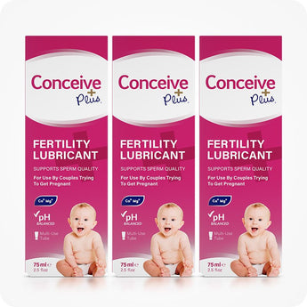 For Conceive Plus Fertility Lubricant Duo Bundle (75ml and 8 Applicators), triple-pack display showing three 75ml fertility lubricant boxes with pH-balanced and sperm-friendly claims, each featuring a baby image and bold pink design for couples trying to conceive.
