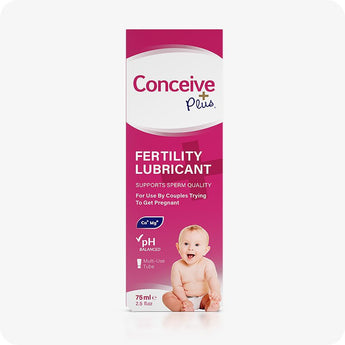 For Conceive Plus Fertility Lubricant Duo Bundle (75ml and 8 Applicators), showing 75ml fertility lubricant multi-use tube standing beside its retail box, both featuring pink branding, baby imagery, and fertility support claims designed for couples trying to conceive.