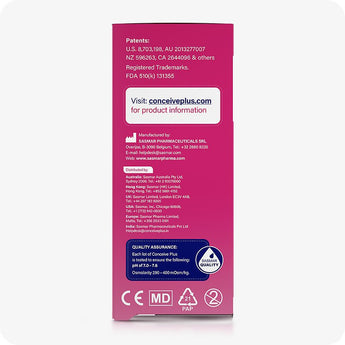 For Conceive Plus Fertility Lubricant Duo Bundle (75ml and 8 Applicators), back panel of 8x4g pre-filled fertility lubricant applicators box displaying global distributor details, SASMAR manufacturer info, quality assurance label, and certified pH/osmolarity levels designed for natural fertility support.