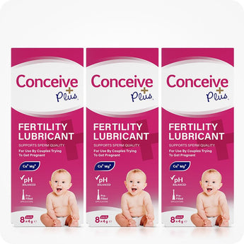 For Conceive Plus Fertility Lubricant Duo Bundle (75ml and 8 Applicators), triple box layout showing three packs of 8x4g pre-filled fertility lubricant applicators, all labeled with pH-balanced and Ca⁺/Mg⁺ indicators, featuring baby images and branding for conception-focused support.