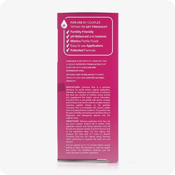 For Conceive Plus Fertility Lubricant Duo Bundle (75ml and 8 Applicators), side view of 8x4g pre-filled fertility lubricant applicators box highlighting product usage directions, fertility claims, and compatibility details, including pH balance, sperm-friendly formulation, and patented ingredients with calcium and magnesium ions.