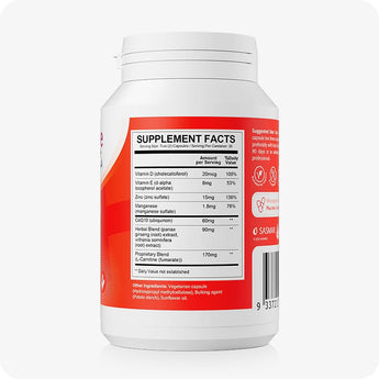 For Conceive Plus Maximum Fertility Bundle, image of Men's motility support bottle showing full supplement facts panel, including ingredients like Vitamin D, CoQ10, zinc, herbal extracts, and L-Carnitine, labeled on a red background for male fertility enhancement.