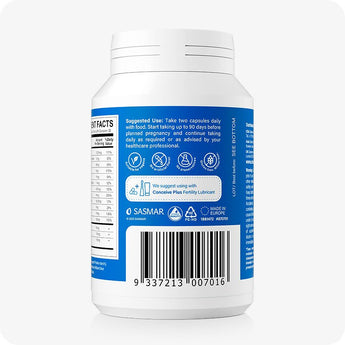 For Conceive Plus Maximum Fertility Bundle, image of men's fertility support supplement rear label showing suggested use, daily dosage guidance, product certifications, barcode, and icons indicating vegan-friendly, preservative-free, and made in Europe packaging.