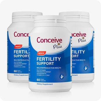 For Conceive Plus Maximum Fertility Bundle, featuring a triple pack of Men's Fertility Support bottles, each labeled with blue and white design, highlighting multivitamin formula for healthy sperm, antioxidant support, and 60 vegan capsules per bottle for male reproductive health.