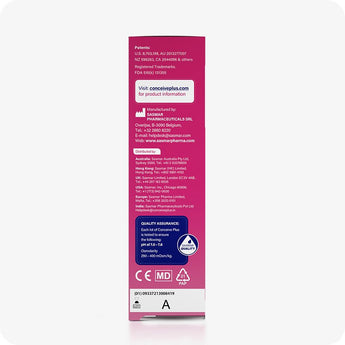 For Conceive Plus Maximum Fertility Bundle, image of 30ml fertility lubricant box side view showing manufacturer and distributor contact information across multiple countries, patent numbers, quality assurance panel, FDA listing, and website details on a bright pink background.