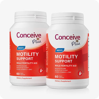 For Conceive Plus Maximum Fertility Bundle, two bottles of Men’s Motility Support, formulated to enhance sperm movement and volume with CoQ10, Vitamin D, and Zinc; each bottle contains 60 vegan capsules tailored for male fertility enhancement.