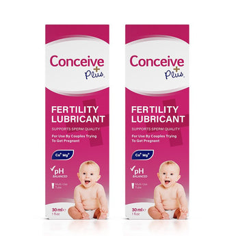 For Conceive Plus Maximum Fertility Bundle, featuring two 30ml fertility lubricant tubes of fertility lubricant in pink boxes with a baby image, designed to support sperm quality and pH balance for couples trying to conceive.