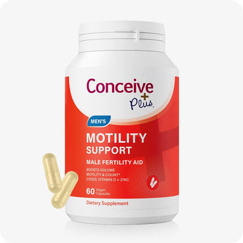 For Conceive Plus Maximum Fertility Bundle, image of men's motility support supplement in bold red packaging, labeled as a male fertility aid with key ingredients like CoQ10, Vitamin D, and Zinc, accompanied by two golden-yellow capsules for visual emphasis.