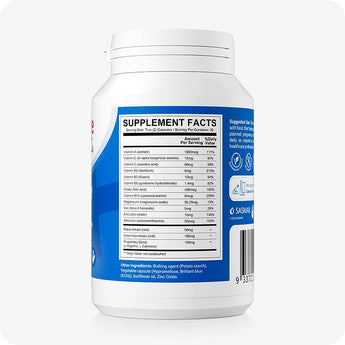 For Conceive Plus Maximum Fertility Bundle, image of men’s fertility support supplement label showing detailed supplement facts, including vitamins, minerals, herbal extracts, and amino acids per serving, with a blue background and clear black-and-white nutrition chart.