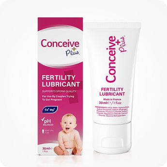For Conceive Plus Maximum Fertility Bundle, image of 30ml fertility lubricant tube and box set shown side by side, featuring pH-balance formula and sperm-friendly ingredients, displayed with pink branding and baby image on white background.