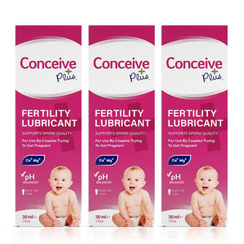 For Conceive Plus Maximum Fertility Bundle, three boxes of 30ml Fertility Lubricant, designed to support sperm quality with pH-balanced, calcium and magnesium-enriched formula; packaging showcases a baby at bottom and clear multi-use tube icons.