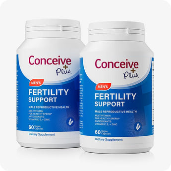 For Conceive Plus Maximum Fertility Bundle, two bottles of Men's Fertility Support dietary supplements, each containing 60 vegan capsules, designed to support male reproductive health with a formula including multivitamins, antioxidants, and zinc.