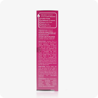 For Conceive Plus Maximum Fertility Bundle, image of 30ml fertility lubricant box side panel detailing product benefits such as pH balance, isotonic formula, and sperm compatibility, with full usage instructions, fertility-friendly indicators, and ingredient list printed on a deep pink background.