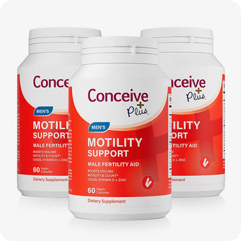 For Conceive Plus Maximum Fertility Bundle, three bottles of Men’s Motility Support, highlighted in red and white packaging, each containing 60 vegan capsules designed to improve sperm motility, volume, and count with CoQ10, Vitamin D, and Zinc.