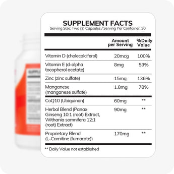 For Conceive Plus Maximum Fertility Bundle, image of Men's motility support capsules provide a targeted formula featuring Zinc (136%), Vitamin D, CoQ10 (60mg), L-Carnitine (170mg), Panax Ginseng, and Withania root extract to promote sperm health, energy production, and male reproductive function.