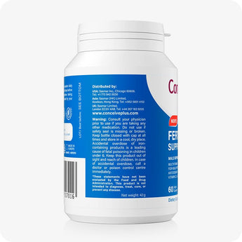 For Conceive Plus Maximum Fertility Bundle, image of men's fertility support bottle side view highlighting product warnings, distributor contact details across USA, UK, and Asia, along with storage instructions and FDA disclaimer printed on the blue label.