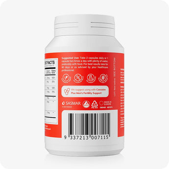 For Conceive Plus Maximum Fertility Bundle, image of Men's Motility Support supplement rear label with dosage instructions, nutritional highlights, compatibility suggestion with men’s fertility support, barcode, and icons denoting vegan, preservative-free, and European manufacturing on a red label.