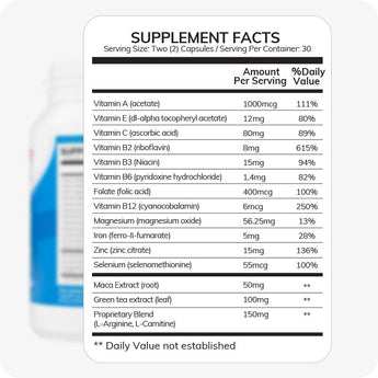 For Conceive Plus Maximum Fertility Bundle, supplement facts chart for men’s fertility support capsules, listing key nutrients like vitamins A, B12, C, E, zinc, folate, maca root, green tea extract, and a proprietary blend of L-Arginine and L-Carnitine, designed to promote sperm health.