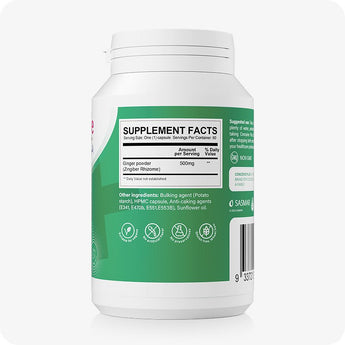 Conceive Plus Morning Sickness Relief bottle back label highlighting supplement facts panel with 500mg of ginger powder per capsule, alongside additional ingredients and dietary icons such as no preservatives, gluten free, and suitable for vegans; set against a white background.