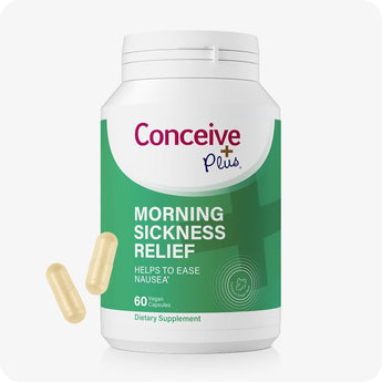 Conceive Plus Morning Sickness Relief bottle featuring green and white packaging, with bold product label text and two beige vegan capsules floating alongside; white background highlights 60-count dietary supplement designed to ease nausea during pregnancy.