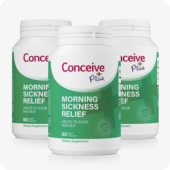 Conceive Plus Morning Sickness Relief 3-pack set featuring three green and white supplement bottles with bold front labels, each containing 60 vegan capsules to help ease pregnancy-related nausea, arranged in a staggered display on white background.