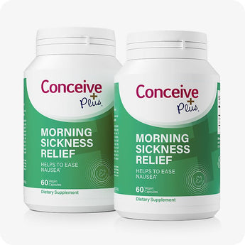 Conceive Plus Morning Sickness Relief 2-pack supplement bundle featuring two identical green and white bottles, each containing 60 vegan capsules formulated to ease nausea during pregnancy; front-facing product shot on a white background.