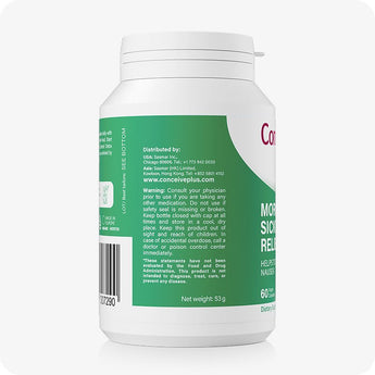 Conceive Plus Morning Sickness Relief supplement bottle shown from side, displaying distributor details, usage warnings, barcode, and product website on green and white label, with clear printing and curved bottle design highlighted on a white background.