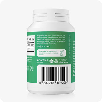 Conceive Plus Morning Sickness Relief supplement bottle rear label view, showing suggested use instructions, barcode, NON-GMO icon, quality certifications, and brand assurance text against green label; bottle placed on a light background.