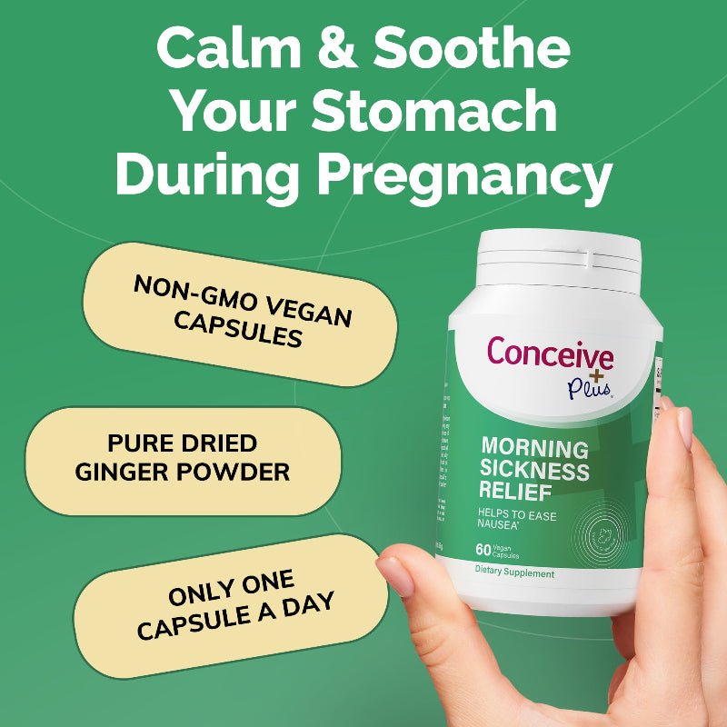 Conceive Plus morning sickness relief supplement bottle with text on a green background