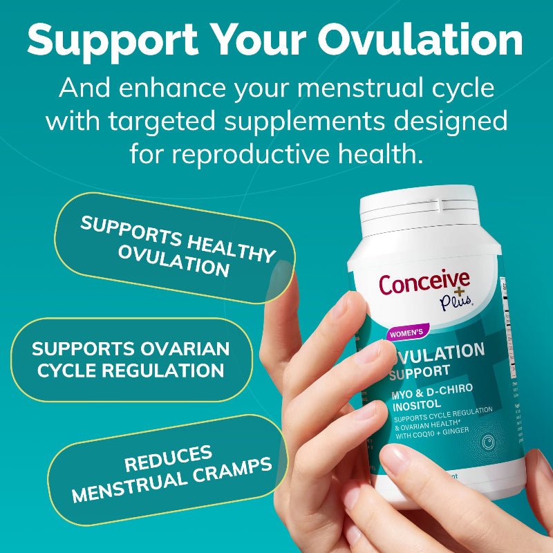 Supplement bottle labeled 'Conceive' held by a hand with promotional text on a teal background