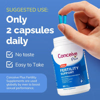 Conceive Plus fertility support supplement bottle with a hand holding capsules against a blue background