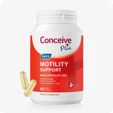 Conceive Plus Motility Support supplement bottle for men’s fertility, featuring a bold red and white label with words "Motility Support" visible, shown with two light-gold vegan capsules beside bottle, designed to support sperm motility, volume, and count with ingredients like CoQ10, Vitamin D, and Zinc.