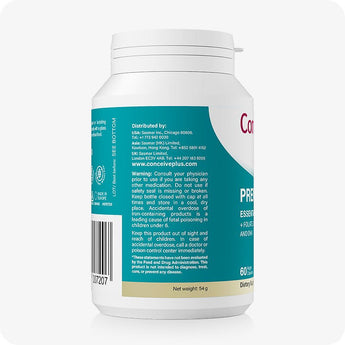 Conceive Plus Prenatal with DHA bottle side label showing distributor information, safety warnings, usage instructions, and barcode printed on teal and white packaging, photographed against white background.