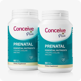 Conceive Plus Prenatal with DHA twin bottle pack featuring two 60-count containers of vegan capsules with teal and white labeling, designed for essential prenatal support with folate, choline, and DHA, placed on white background.