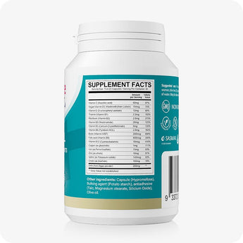 Conceive Plus Prenatal with DHA supplement label showing detailed nutrition facts panel, listing daily values for key vitamins and minerals including folate, iron, and DHA, alongside ingredient disclosures on a teal and white background for transparency.
