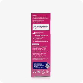 For Conceive Plus Women's Fertility Support and Fertility Lubricant Bundle, displaying back panel of 3x4g pre-filled fertility lubricant applicator box, with manufacturer and distributor contact details, quality assurance statement, patent numbers, and certification icons shown on pink background.