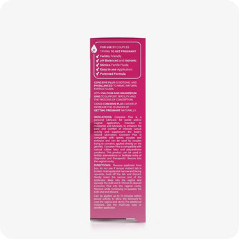 For Conceive Plus Women's Fertility Support and Fertility Lubricant Bundle, showing side panel of 3x4g pre-filled fertility lubricant applicators box with white instructional text over pink background, highlighting key features like pH balance, isotonic formula, application directions, and conception-supporting benefits for couples trying to conceive.