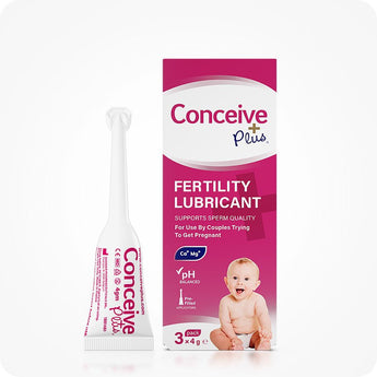 For Conceive Plus Women's Fertility Support and Fertility Lubricant Bundle, with a boxed 3x4g pre-filled fertility lubricant applicators labeled in white and pink, showing a smiling baby image on front and a single white pre-filled applicator standing upright beside box, all set against a white background.