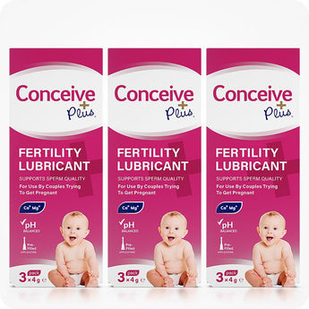 For Conceive Plus Women's Fertility Support and Fertility Lubricant Bundle, a 3-pack set of 3x4g pre-filled fertility lubricant applicator boxes, each showing bright pink and white packaging with “Fertility Lubricant” text, baby imagery, pH balance and ion support icons, designed to promote sperm quality for couples trying to conceive.