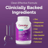 Supplement bottle labeled 'Conceive Plus' with a list of clinically backed ingredients on a purple background