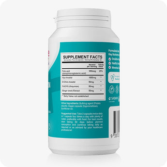 For Conceive Plus Women's Fertility Support and Ovulation Support Bundle, back label of Women's Ovulation Support bottle displaying supplement facts chart with active ingredients like Myo-Inositol, D-Chiro-Inositol, CoQ10, and folic acid, shown on a teal background with white cap—designed for transparency on nutrient content and dosage.