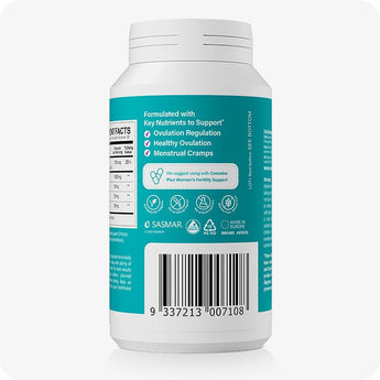 For Conceive Plus Women's Fertility Support and Ovulation Support Bundle, back label of Women's Ovulation Support bottle showing supplement claims such as ovulation regulation, menstrual cramp relief, and healthy ovulation, with suggested pairing, barcode, and allergen-free icons printed on a teal background.