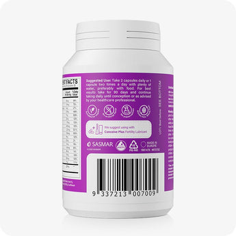 For Conceive Plus Women's Fertility Support and Ovulation Support Bundle, back label of Women's Fertility Support bottle showing suggested use instructions, compatibility with Conceive Plus Fertility Lubricant, supplement icons, barcode, and quality assurance logos, all printed on a purple label for consumer guidance and dosage clarity.
